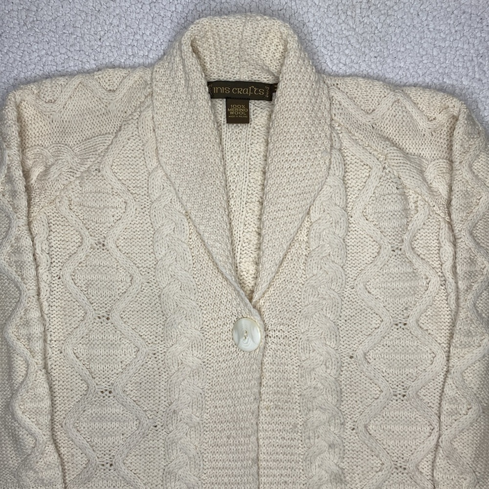 Inis Craft Merino Wool Cable Knit Cardigan: Size Medium - Picture 3 of 11